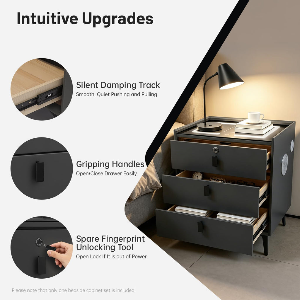 Fingerprint Lock Nightstand with USB & Wireless Charging and 3 Drawers J47079