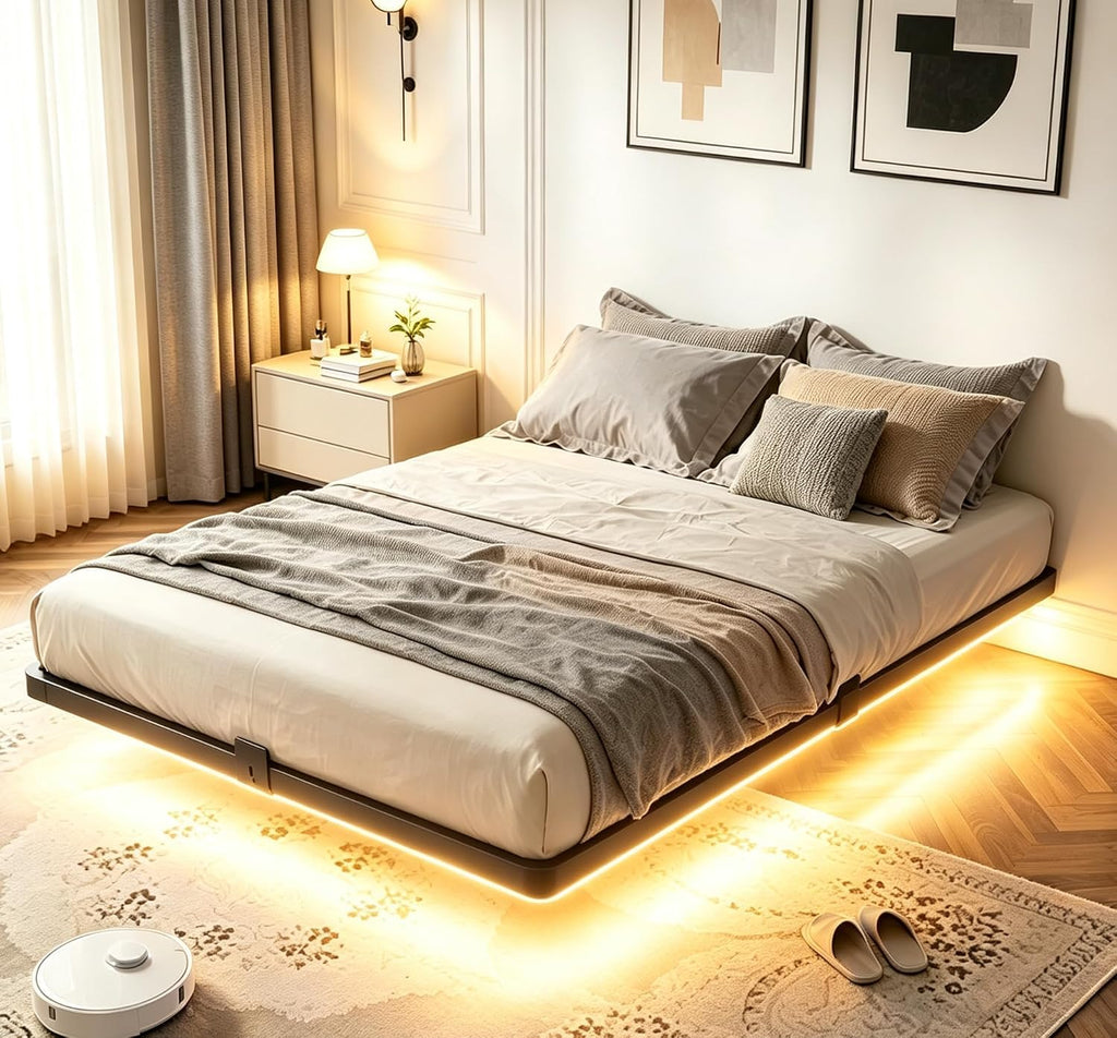 Full Size Floating Bed Frame with LED Lights W141