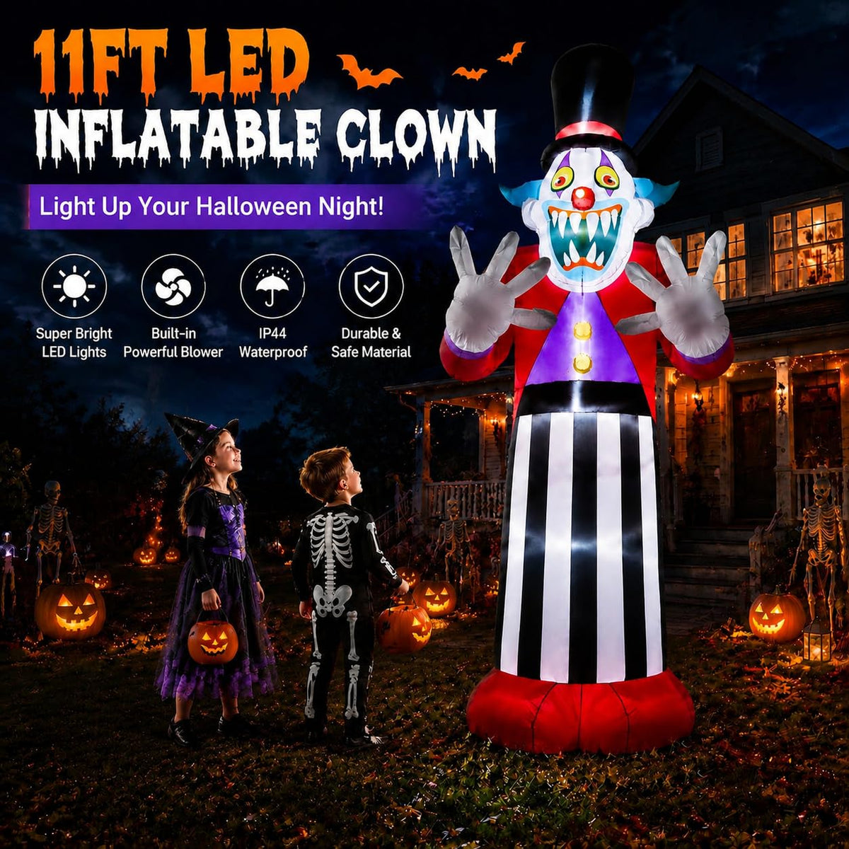 11FT Giant Halloween Inflatables Clown Ghost with LED Lights V745221