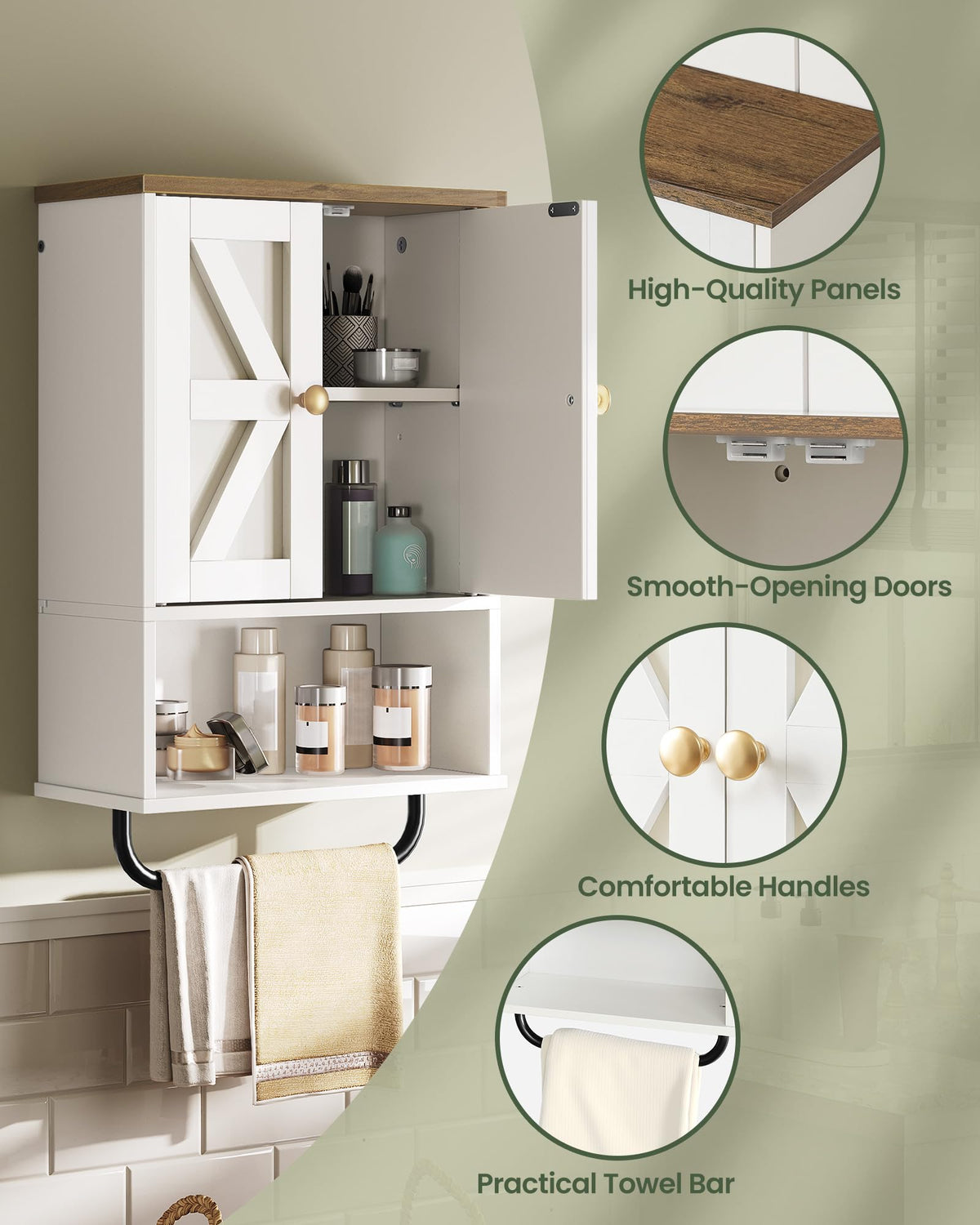White and Walnut Bathroom Wall Cabinet with Towel Bar J797357