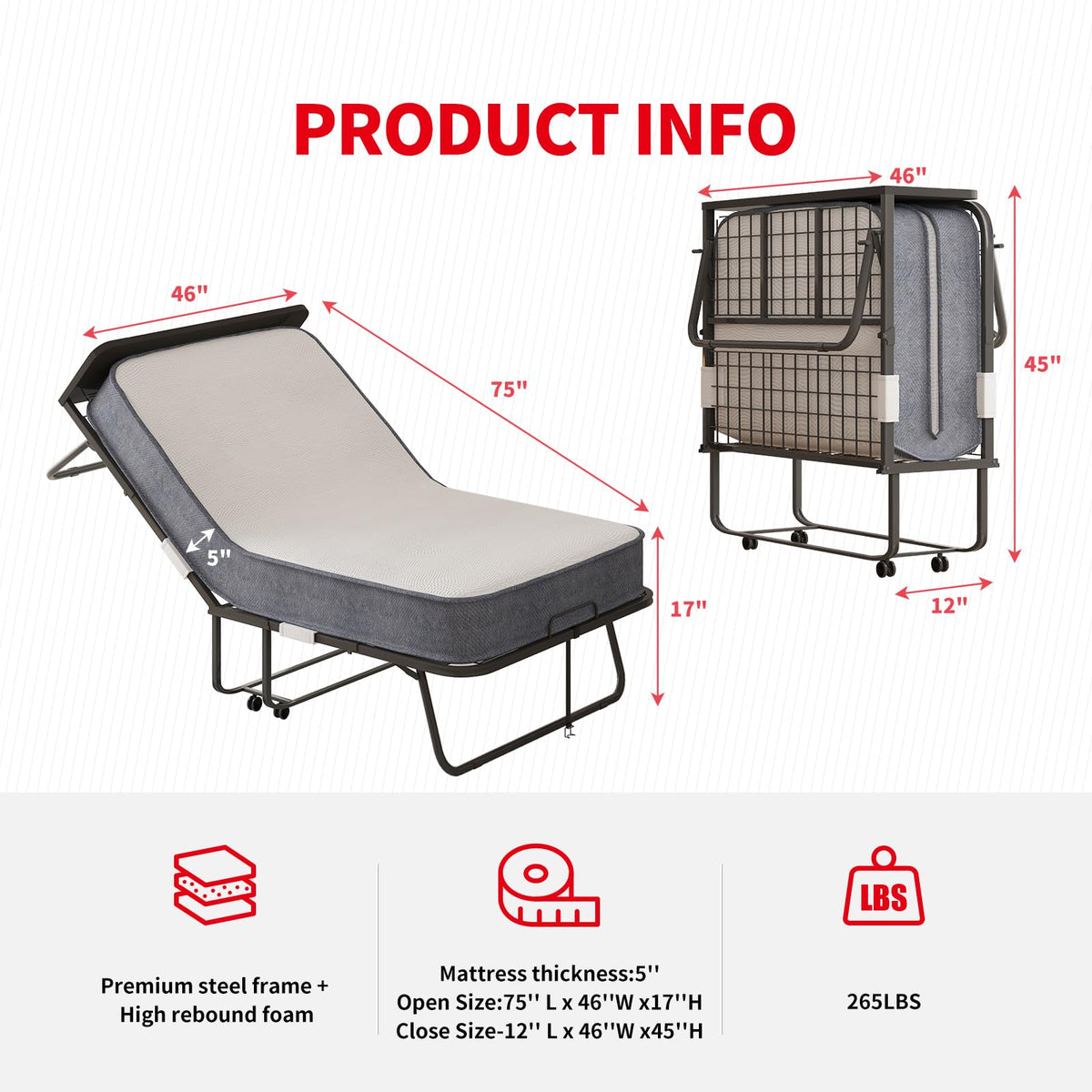 Folding Bed with 5" Memory Foam Mattress and 4 Lockable Wheels F470