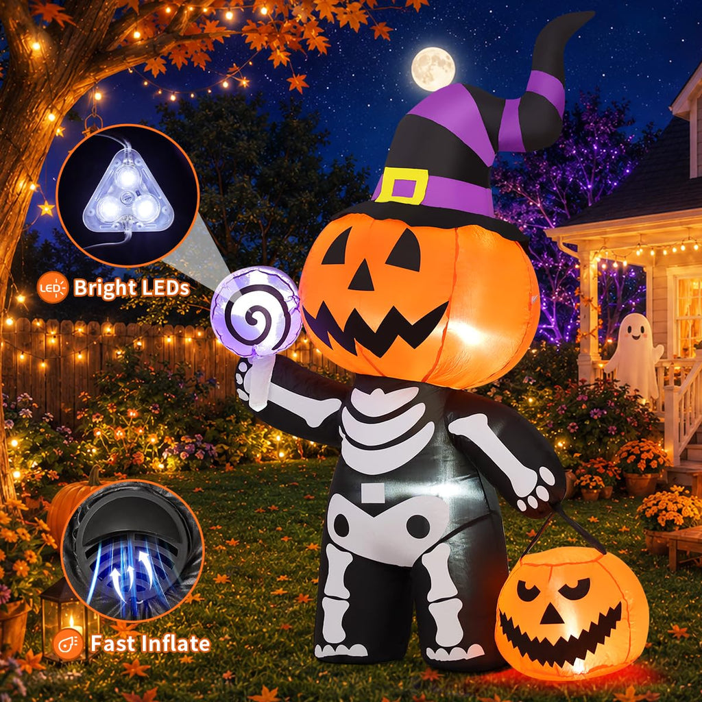 6 FT Inflatable Pumpkin Skull Outdoor Decoration with Built-in LEDs W925422