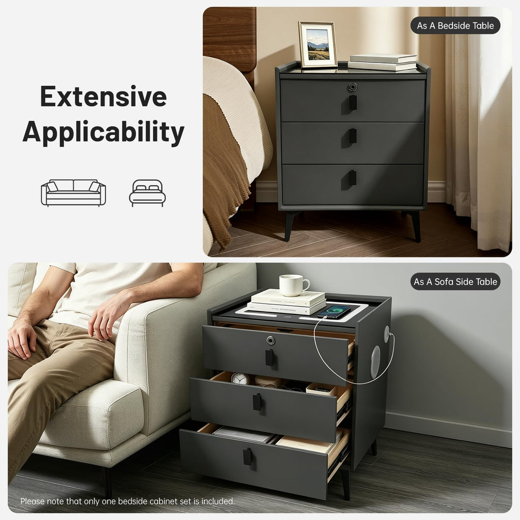 Fingerprint Lock Nightstand with USB & Wireless Charging and 3 Drawers J47079