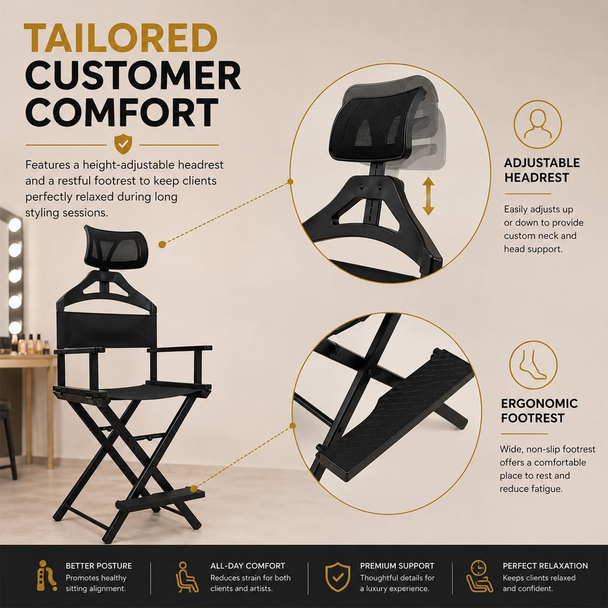 Gold Extra Tall Foldable Makeup Chair C446