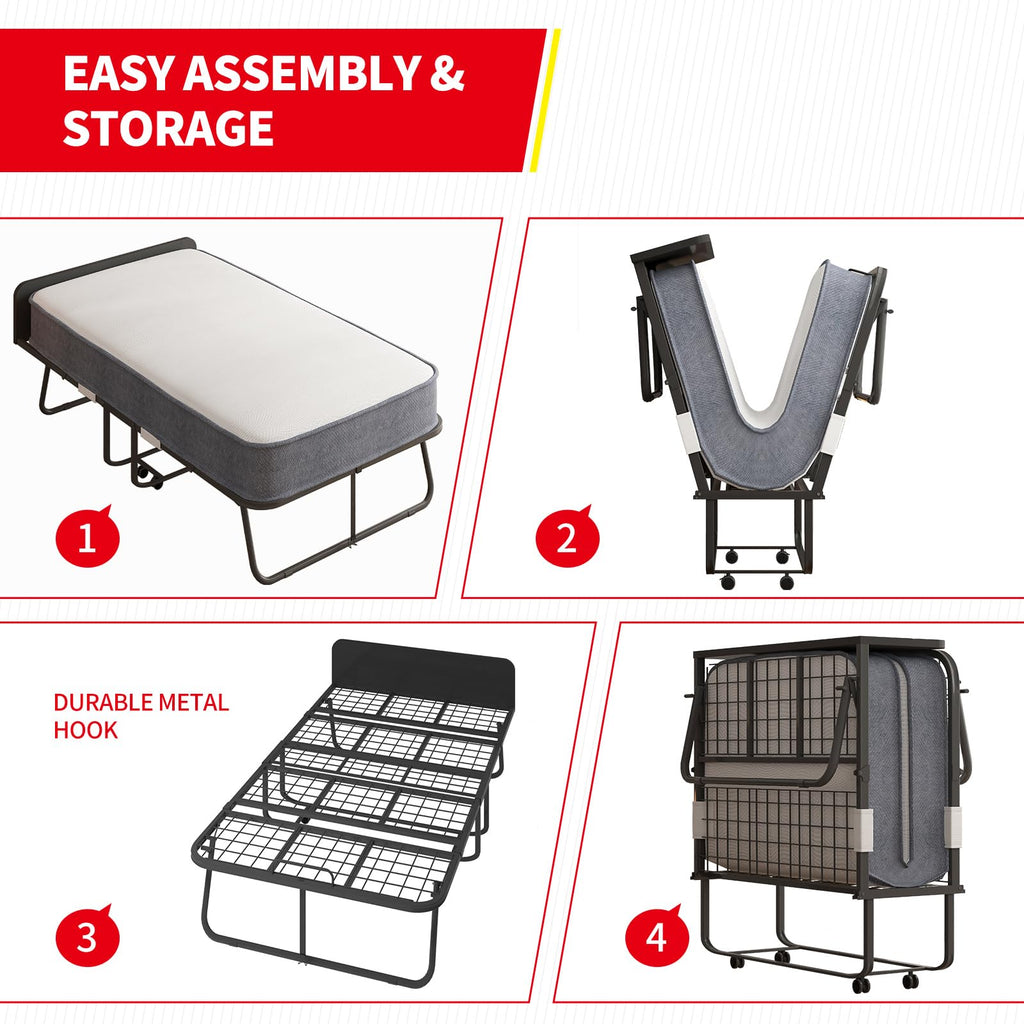 Folding Bed with 5" Memory Foam Mattress and 4 Lockable Wheels F470
