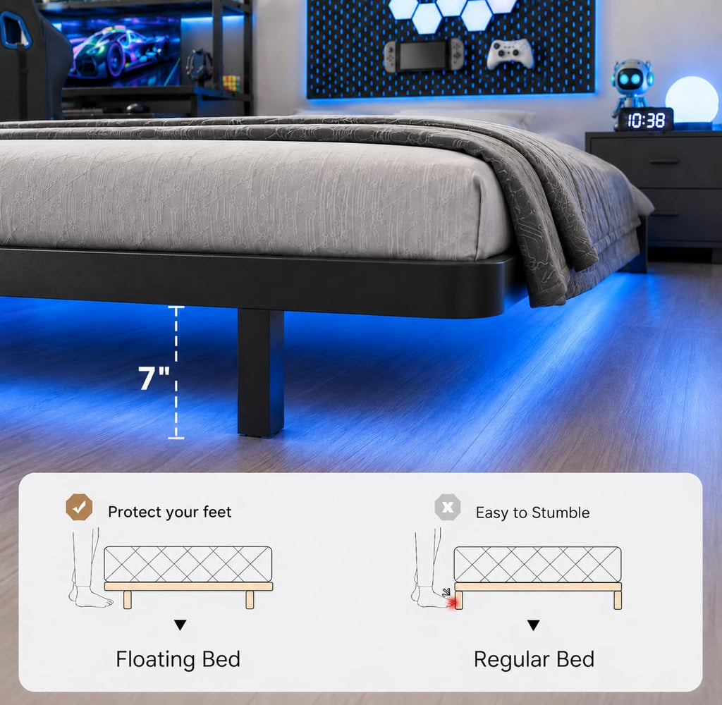 Full Size Floating Bed Frame with LED Lights W141