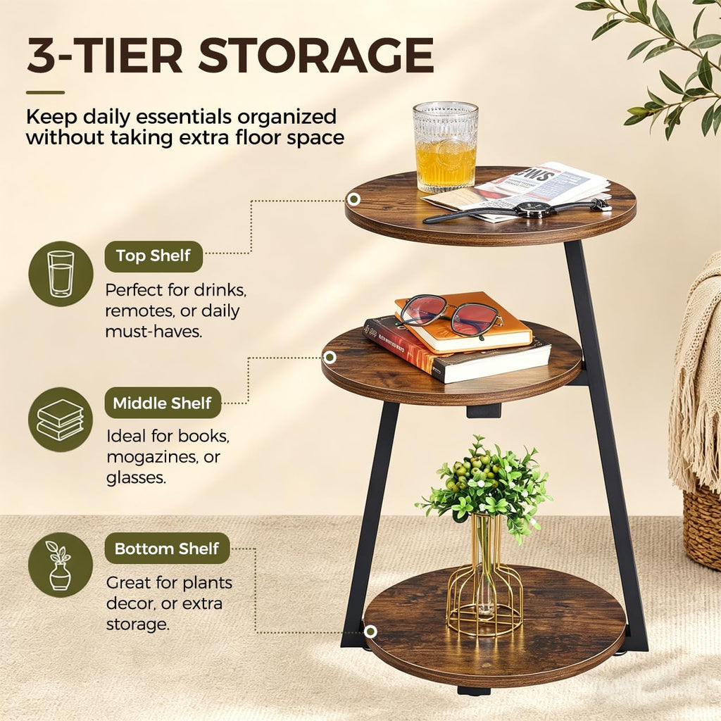 Small Round 3-Tier Side Table with Storage Shelves E26174