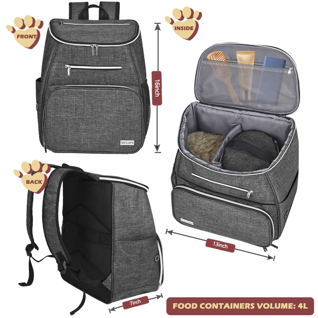 Dog Travel Bag Backpack with 2 Silicone Collapsible Bowls and 2 Food Baskets Grey S526