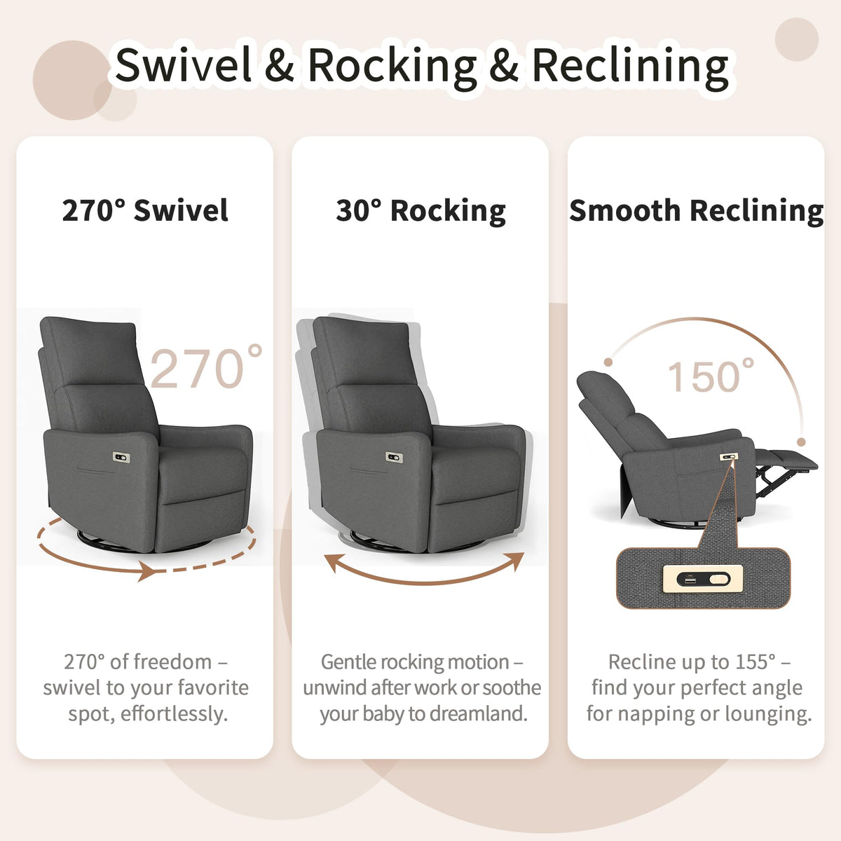 Dark Gray Velvet Swivel Recliner Chair I704