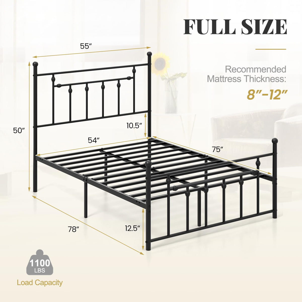 Black Full Size Metal Bed Frame with Headboard & Footboard H565