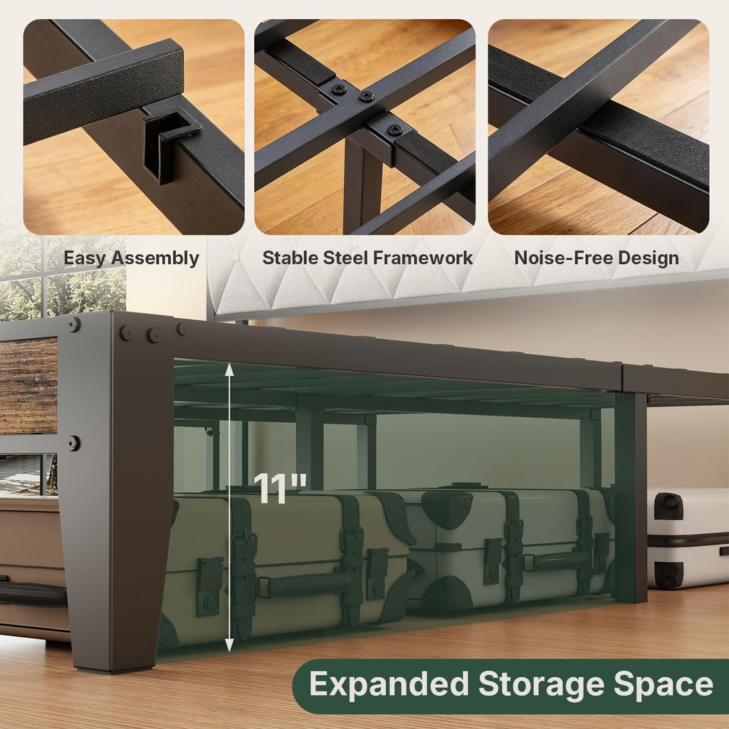 Twin Bed Frame with Upholstered Storage Headboard and USB Charging Station S7607