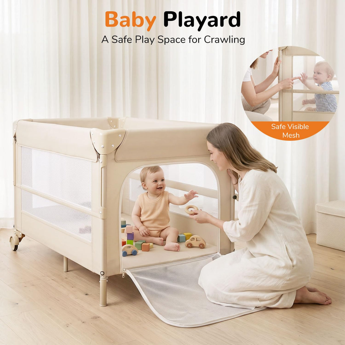4 in 1 Foldable Pack and Play with Bassinet and Changing Table, Beige Q43493