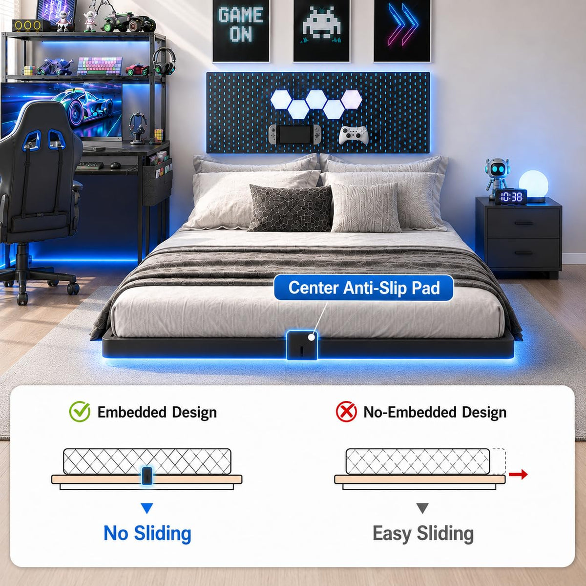 Full Size Floating Bed Frame with LED Lights W141