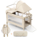 4 in 1 Foldable Pack and Play with Bassinet and Changing Table, Beige Q43493