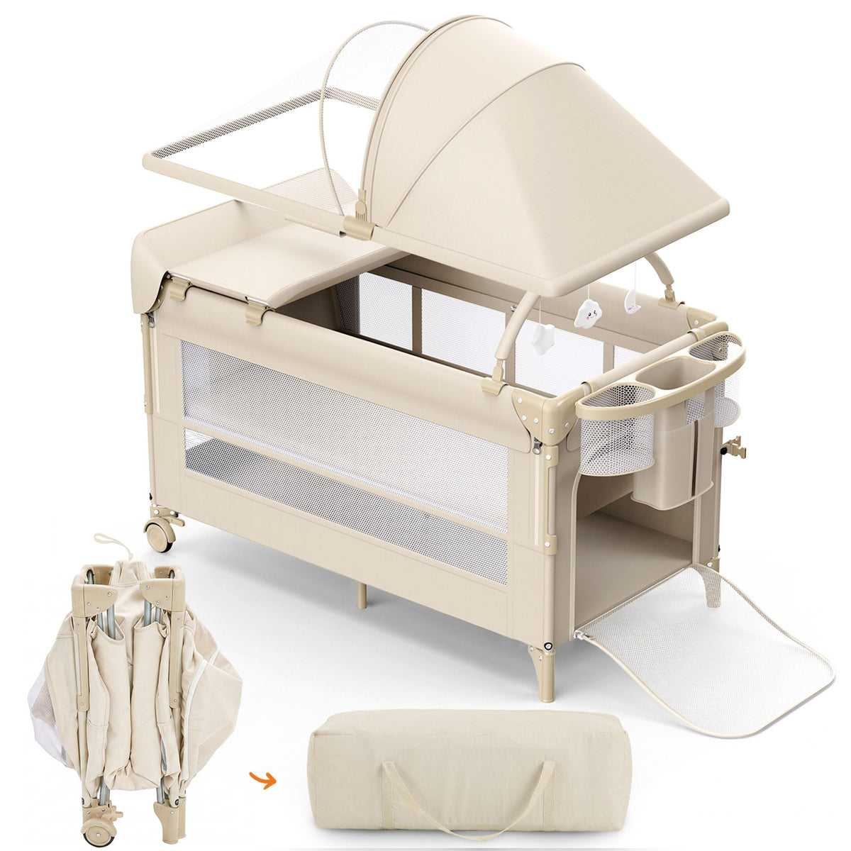 4 in 1 Foldable Pack and Play with Bassinet and Changing Table, Beige Q43493