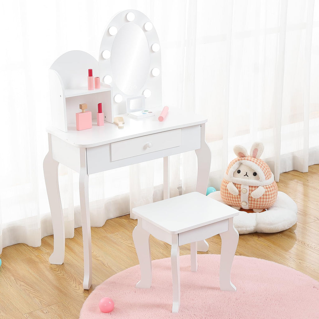 White Kids Vanity Table with LED Mirror & Stool J413871
