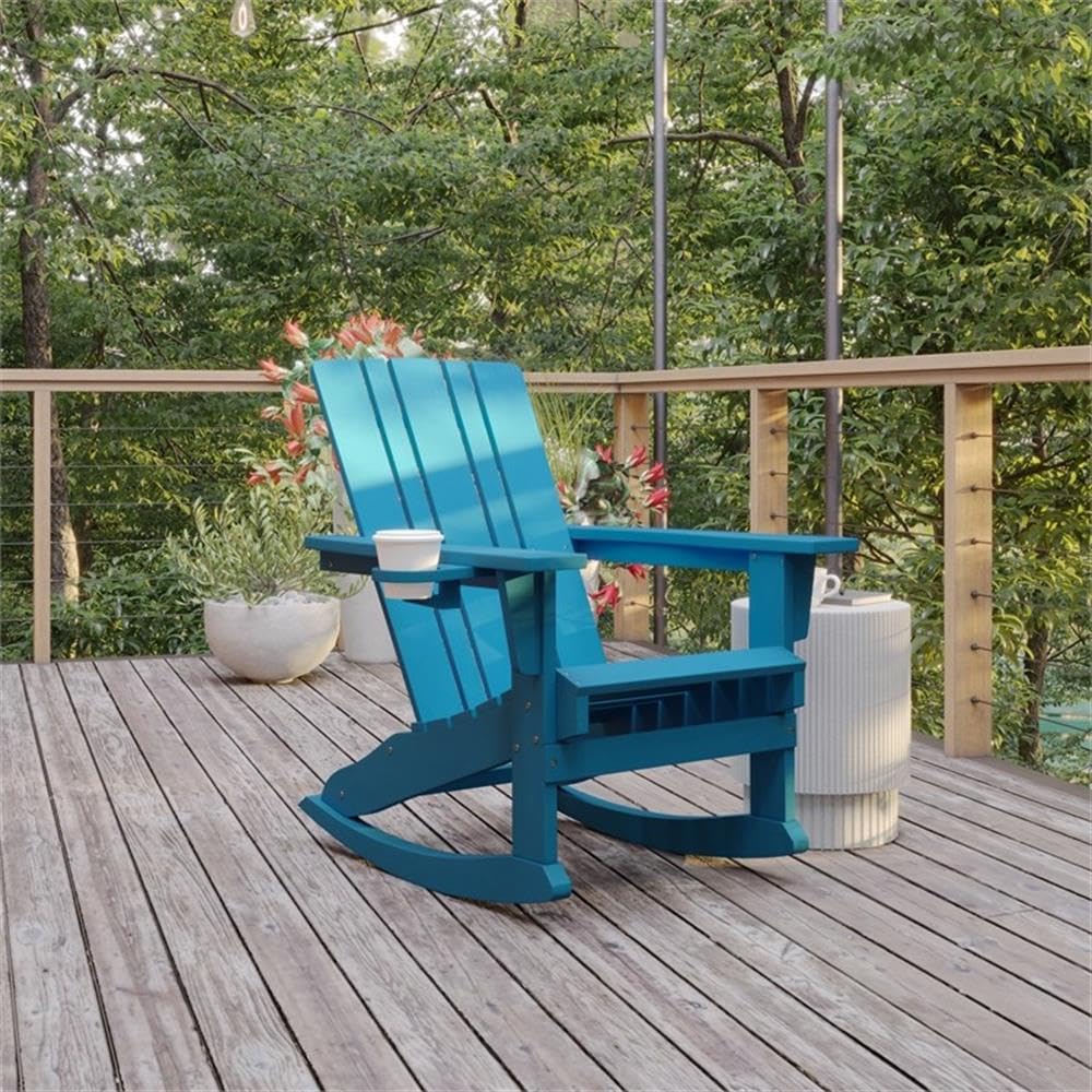 Blue Plastic Adirondack Rocking Chair with Cupholder C1851