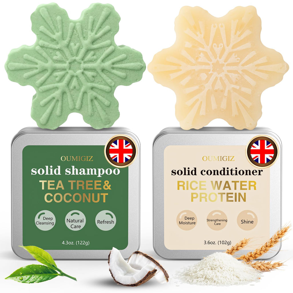 Tea Tree Clarifying Shampoo Bar & Rice Water Protein Conditioner Bar Set 2 pack D9824