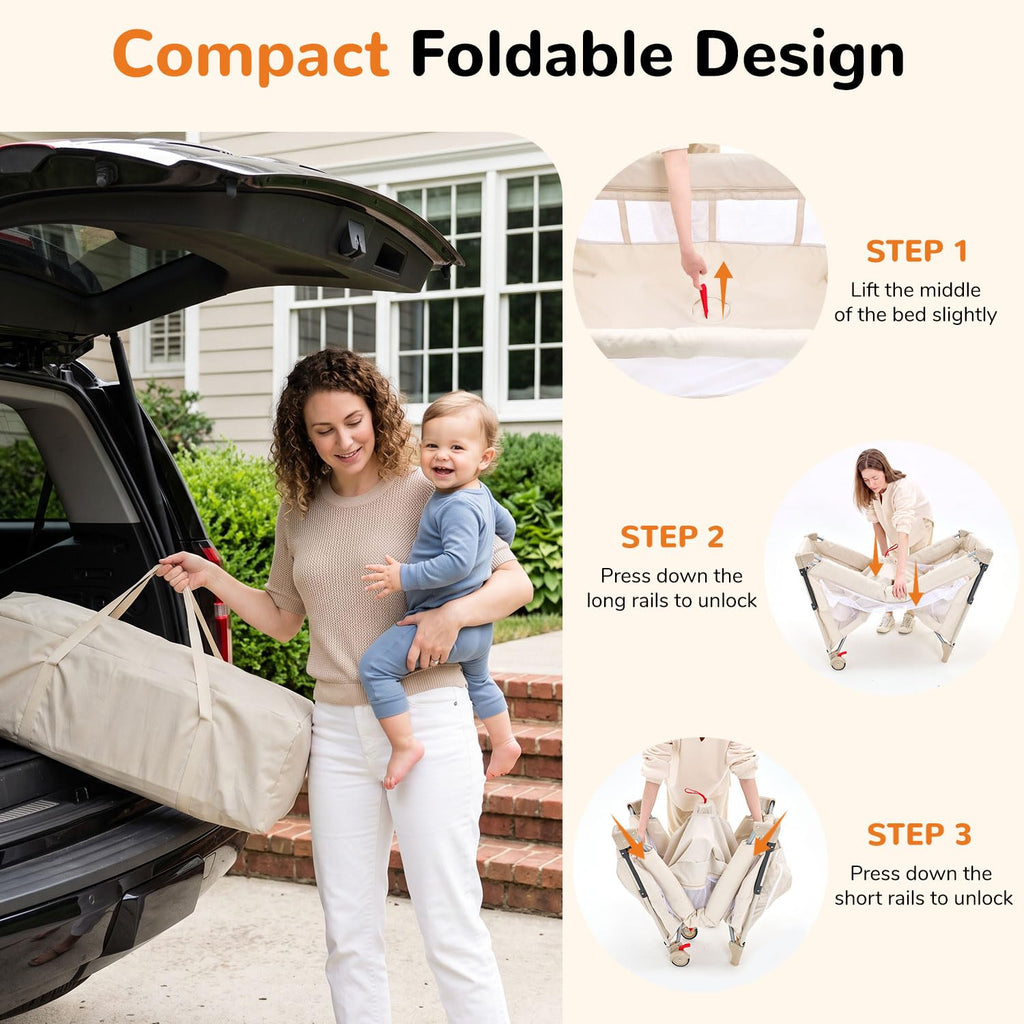 4 in 1 Foldable Pack and Play with Bassinet and Changing Table, Beige Q43493
