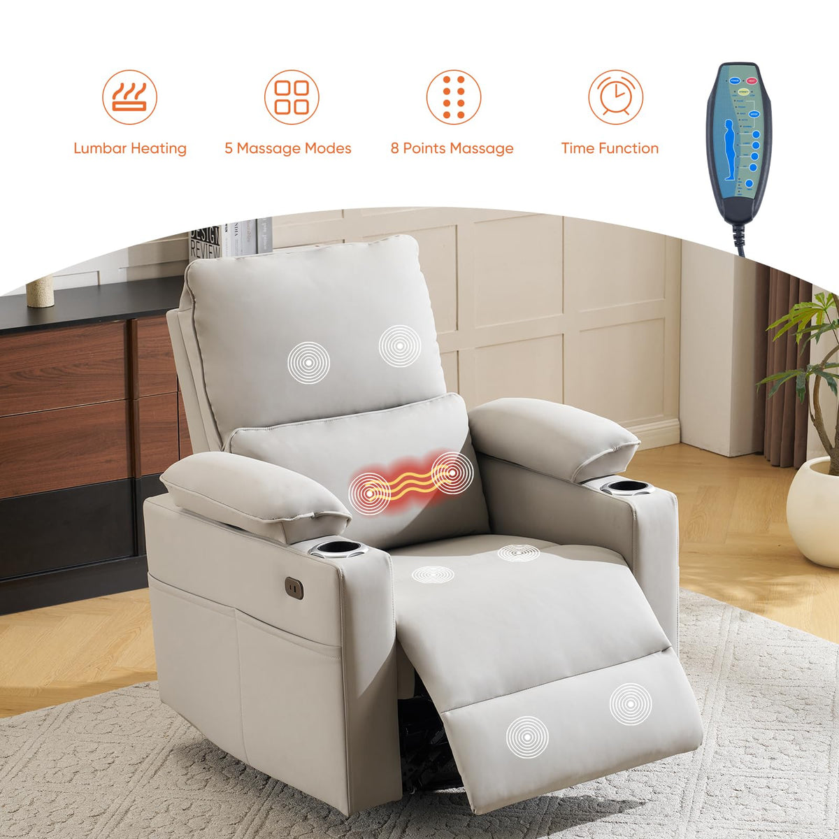 Oversized Power Swivel Rocker Recliner with Heating and Massage, Faux Leather, Grey R75185