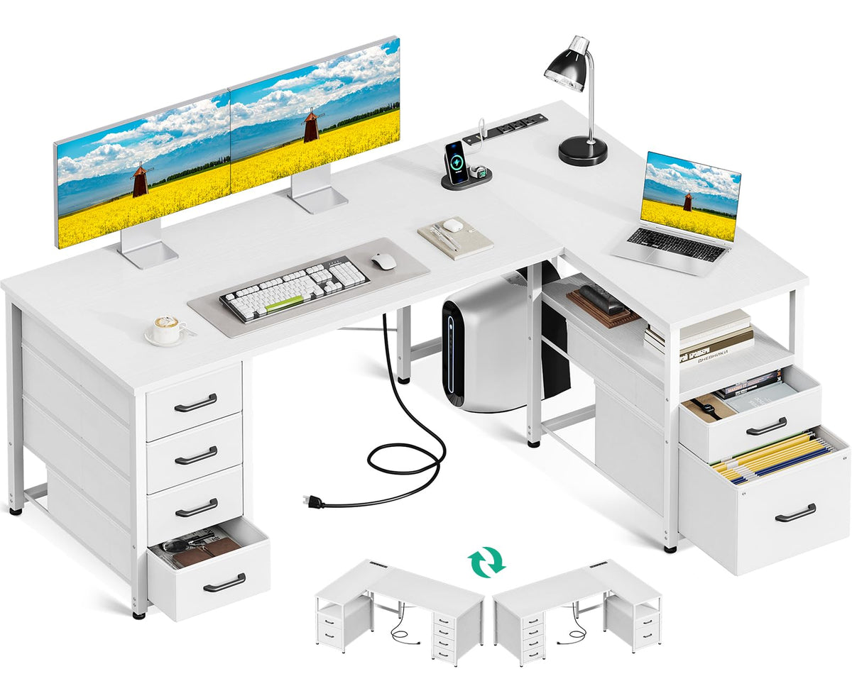55 Inch L Shaped Office Desk with 6 Drawers White Y81167