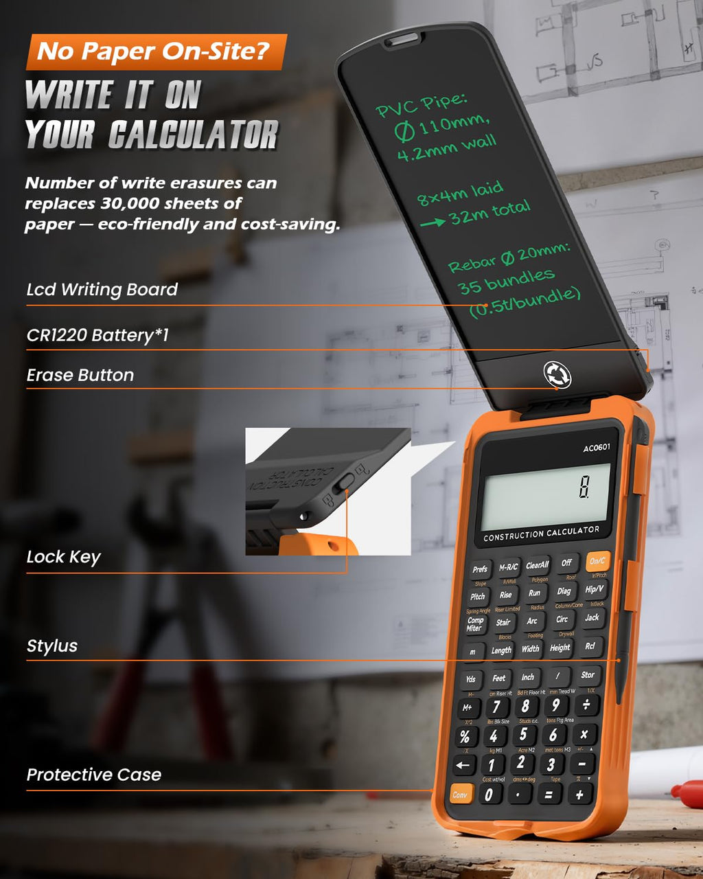 Construction Calculator with Writing Tablet N508