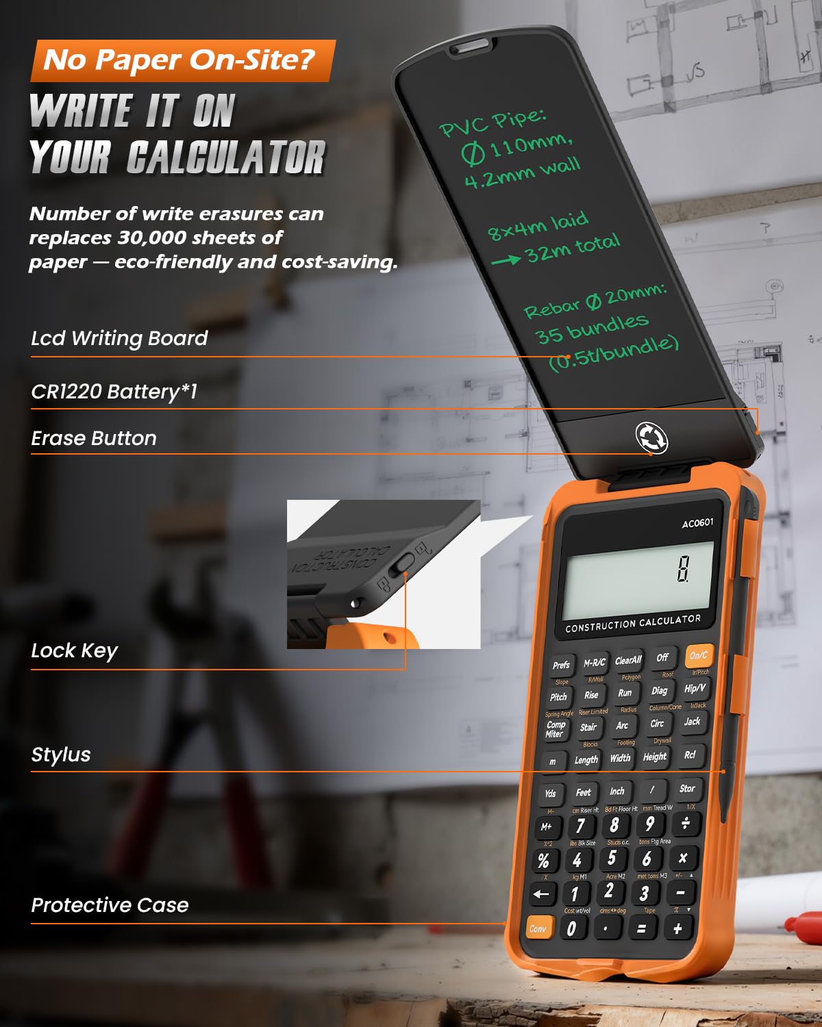 Construction Calculator with Writing Tablet N508