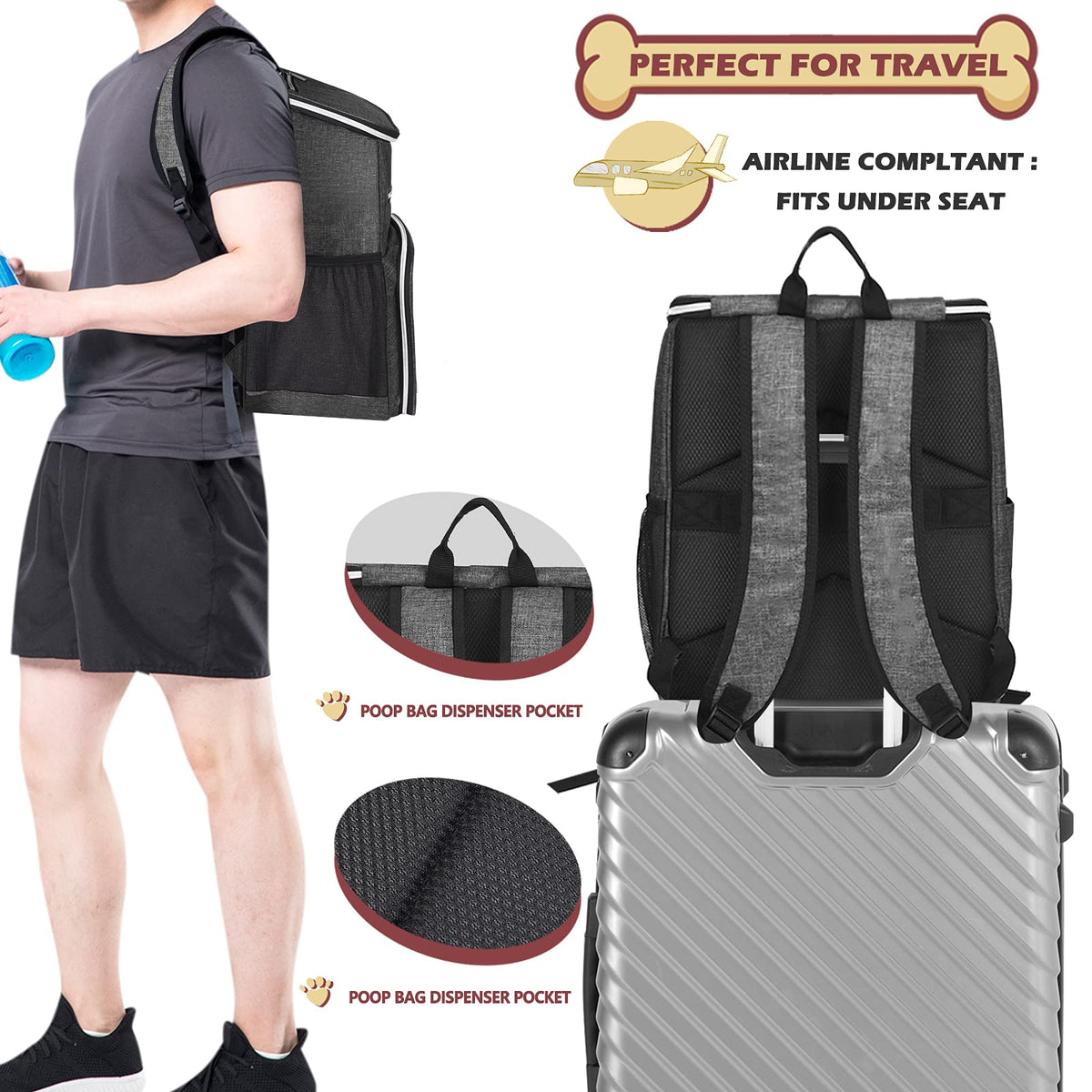 Dog Travel Bag Backpack with 2 Silicone Collapsible Bowls and 2 Food Baskets Grey S526