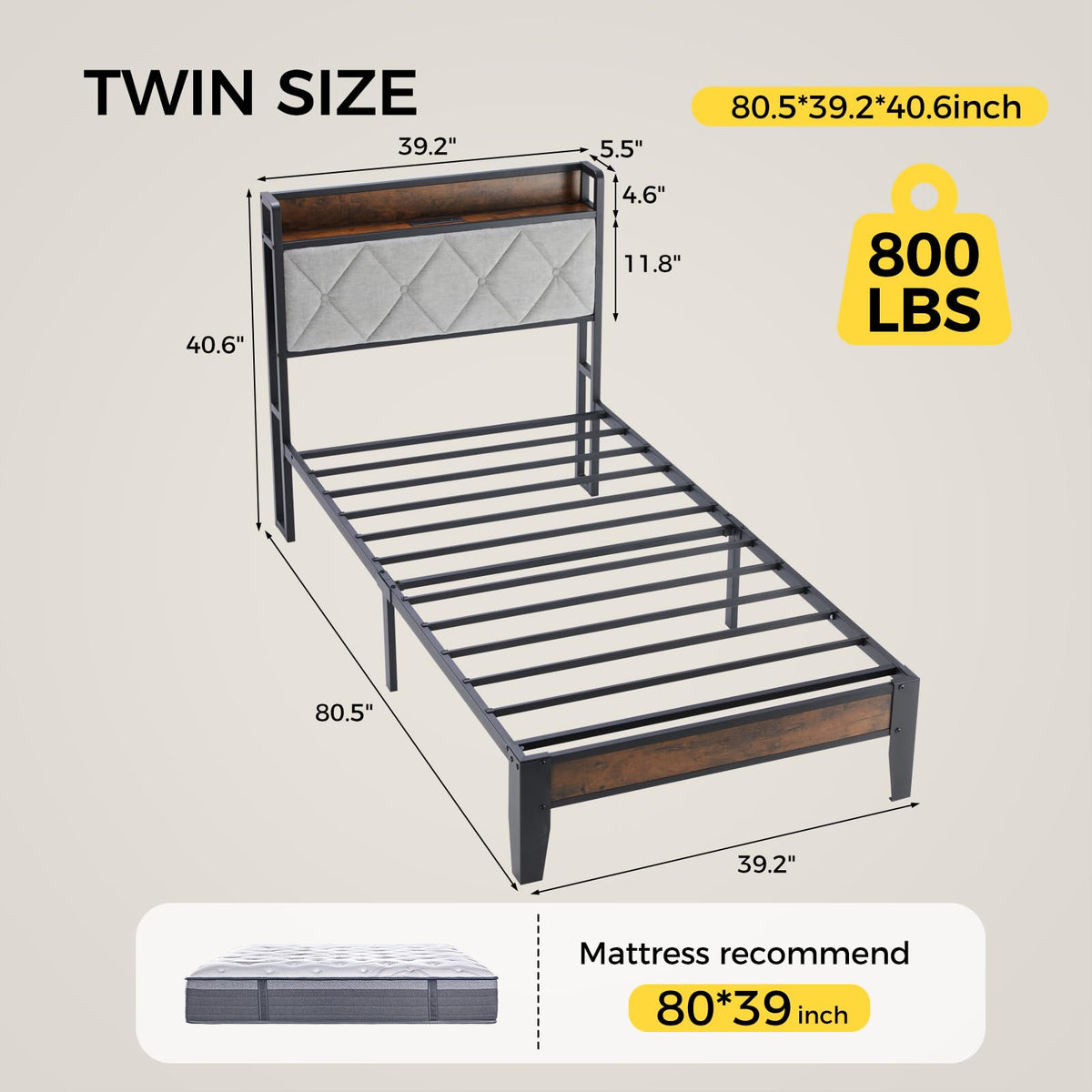 Twin Bed Frame with Upholstered Storage Headboard and USB Charging Station S7607