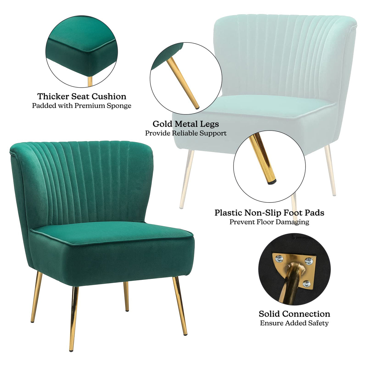 Velvet Accent Chair Set of 2 Emerald Green Wingback Armless Slipper Chair H6854