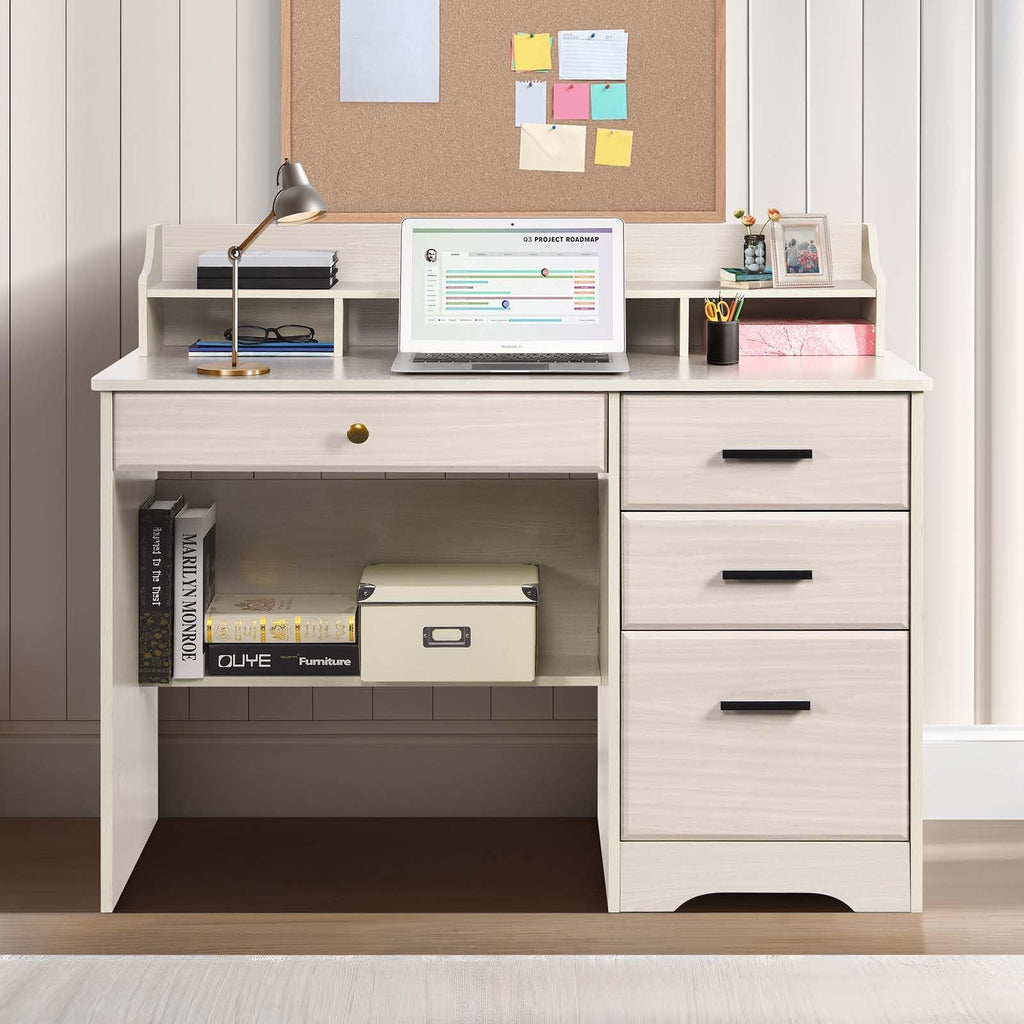 Warm White Wood Computer Desk with Drawers and Hutch A763