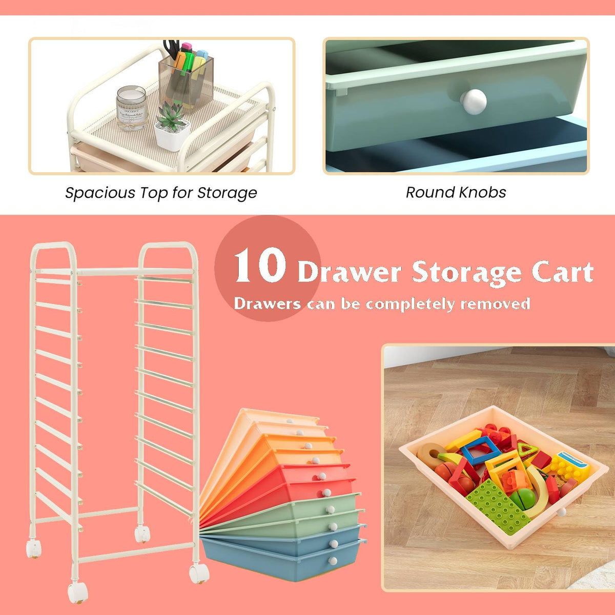 10 Drawers Rolling Storage Cart with Wheels D372