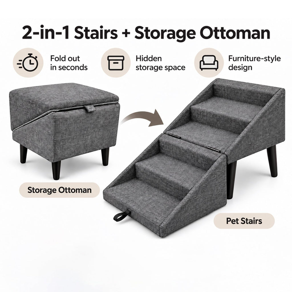 Foldable Dog Stairs Ottoman 2 in 1 Pet Steps with Storage S2836