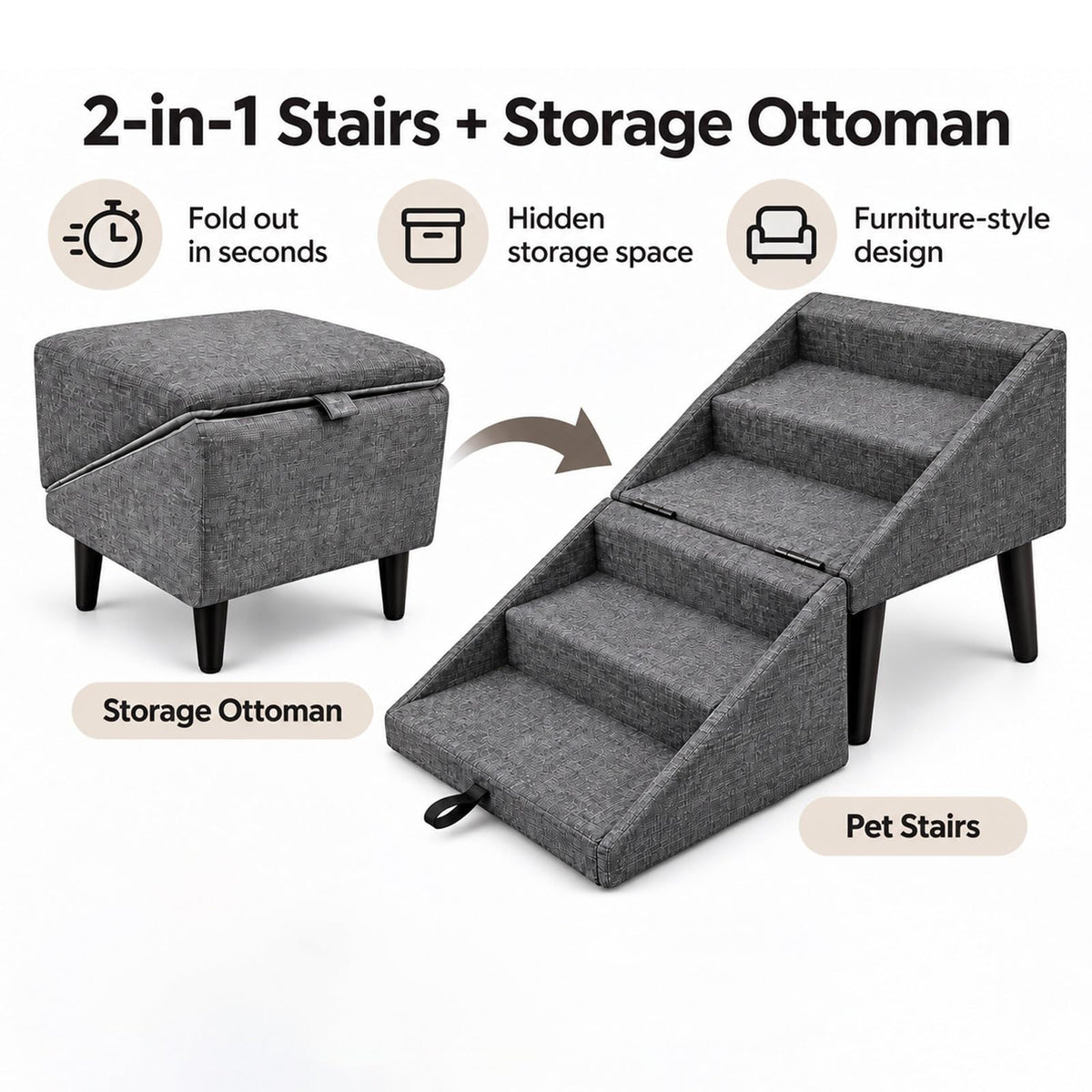 Foldable Dog Stairs Ottoman 2 in 1 Pet Steps with Storage S2836