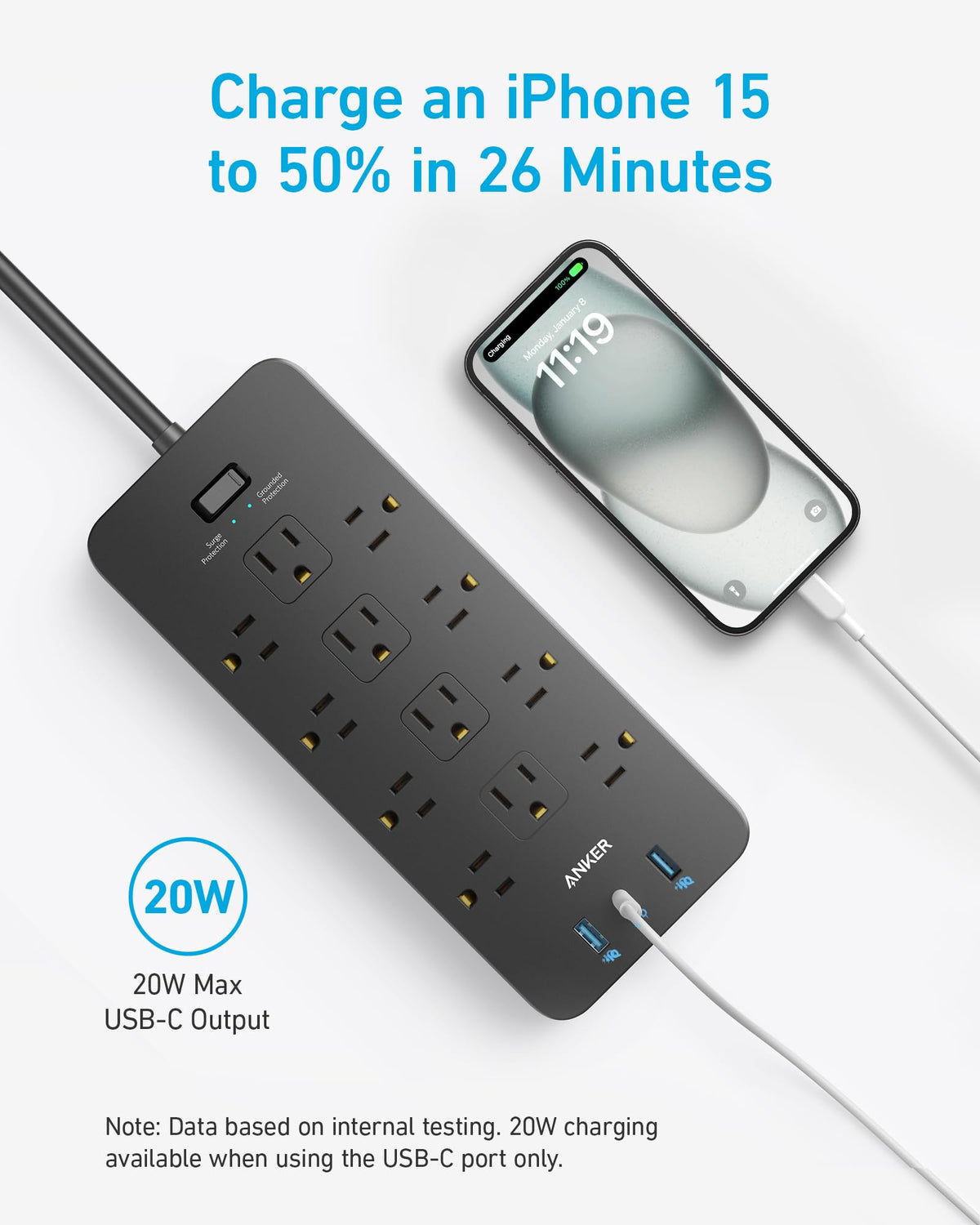 Power Strip with Surge Protector, Outlet Extender, 20W, 12 AC K833