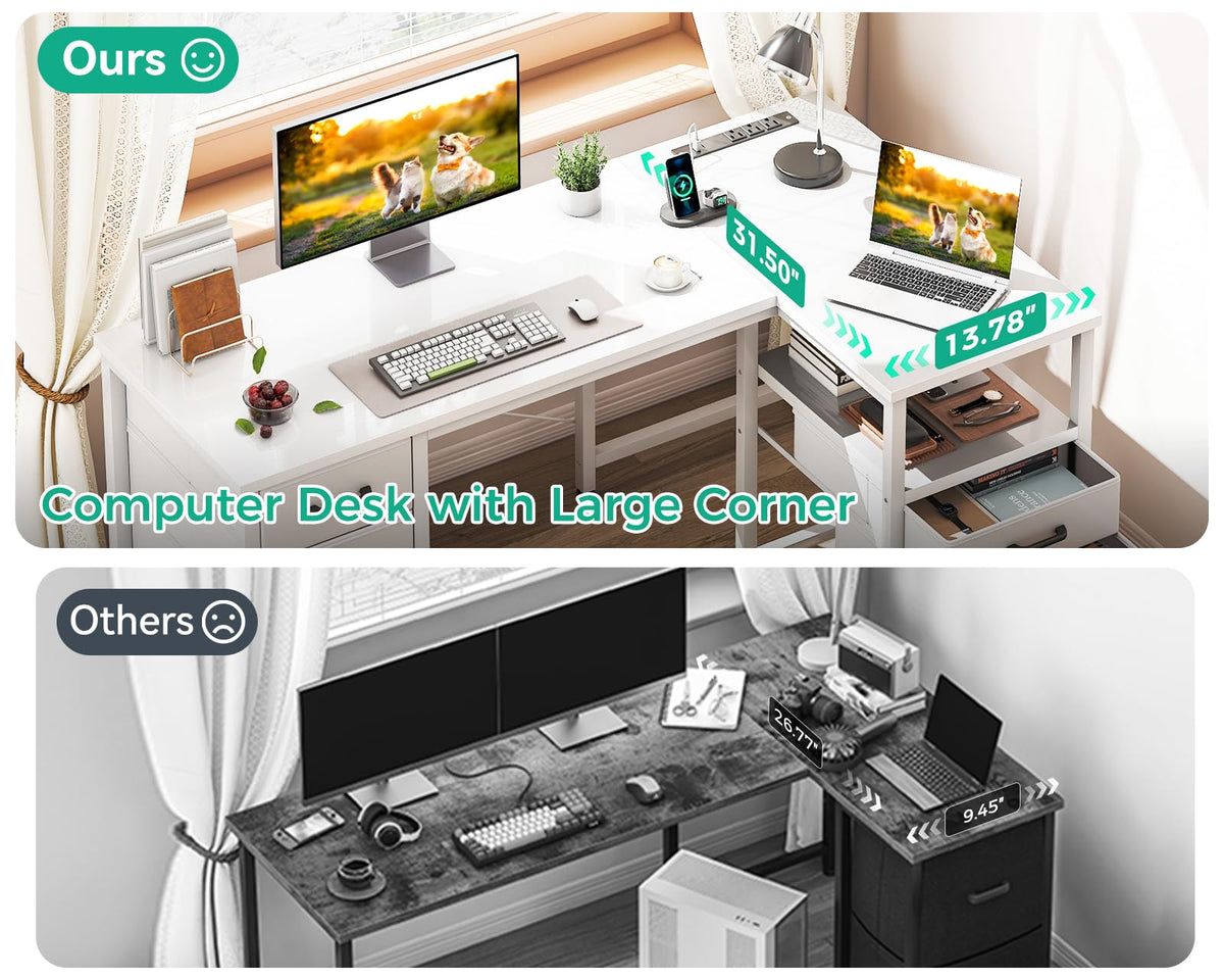 55 Inch L Shaped Office Desk with 6 Drawers White Y81167