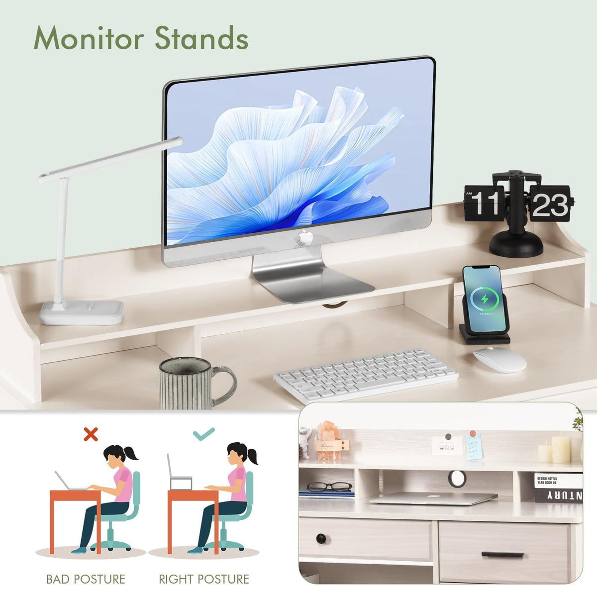 Warm White Wood Computer Desk with Drawers and Hutch A763