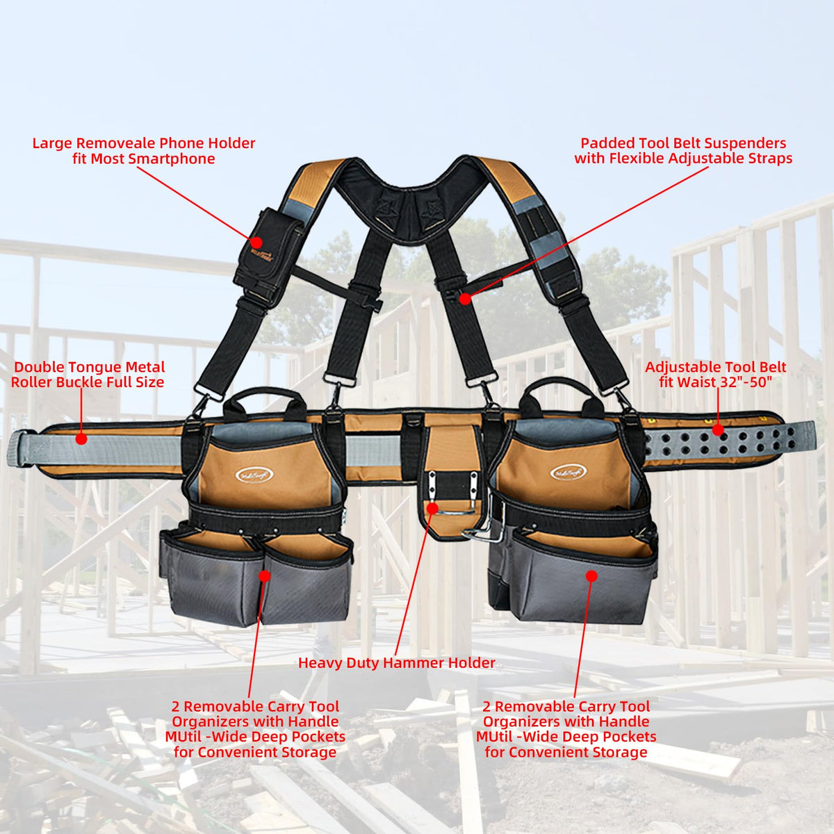 Khaki 28-Pocket Tool Belt and Suspenders K703970