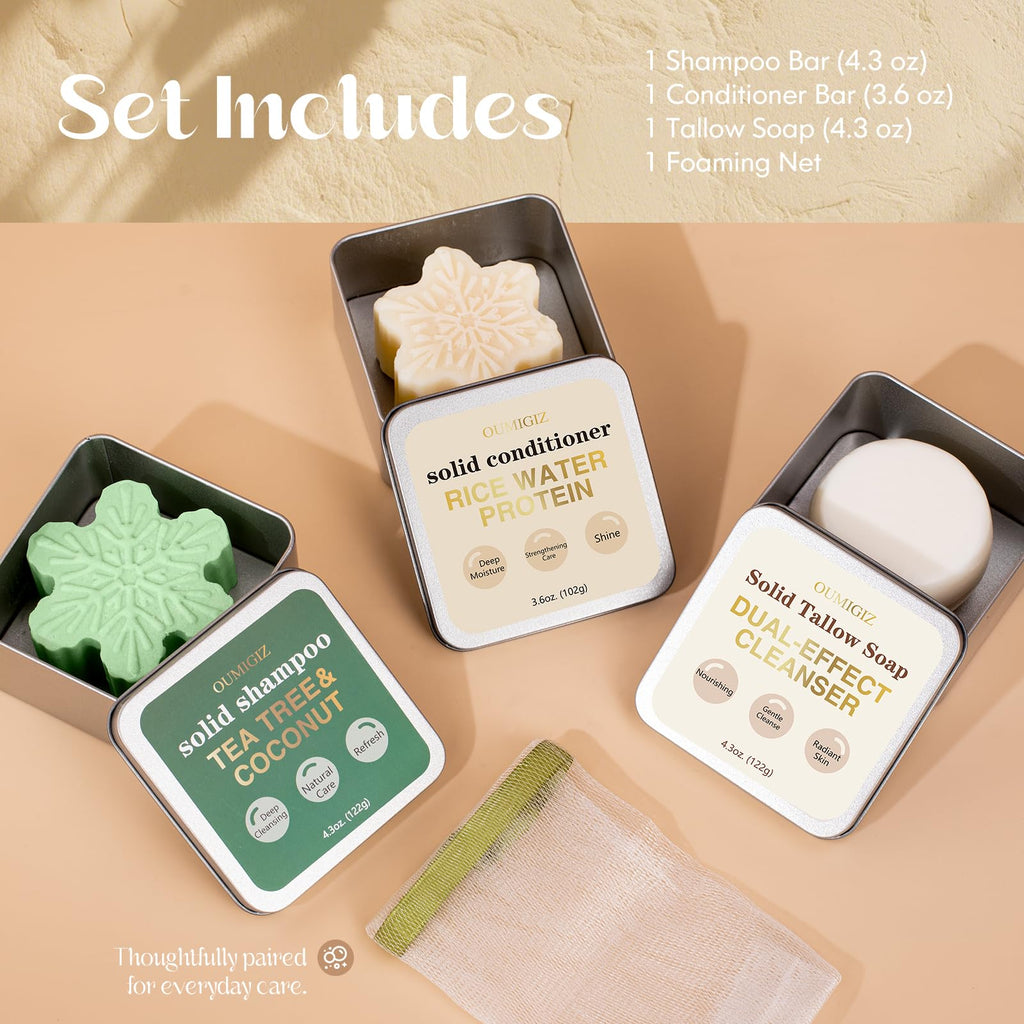 Tea Tree Clarifying Shampoo Bar & Rice Water Protein Conditioner Bar Set 2 pack D9824