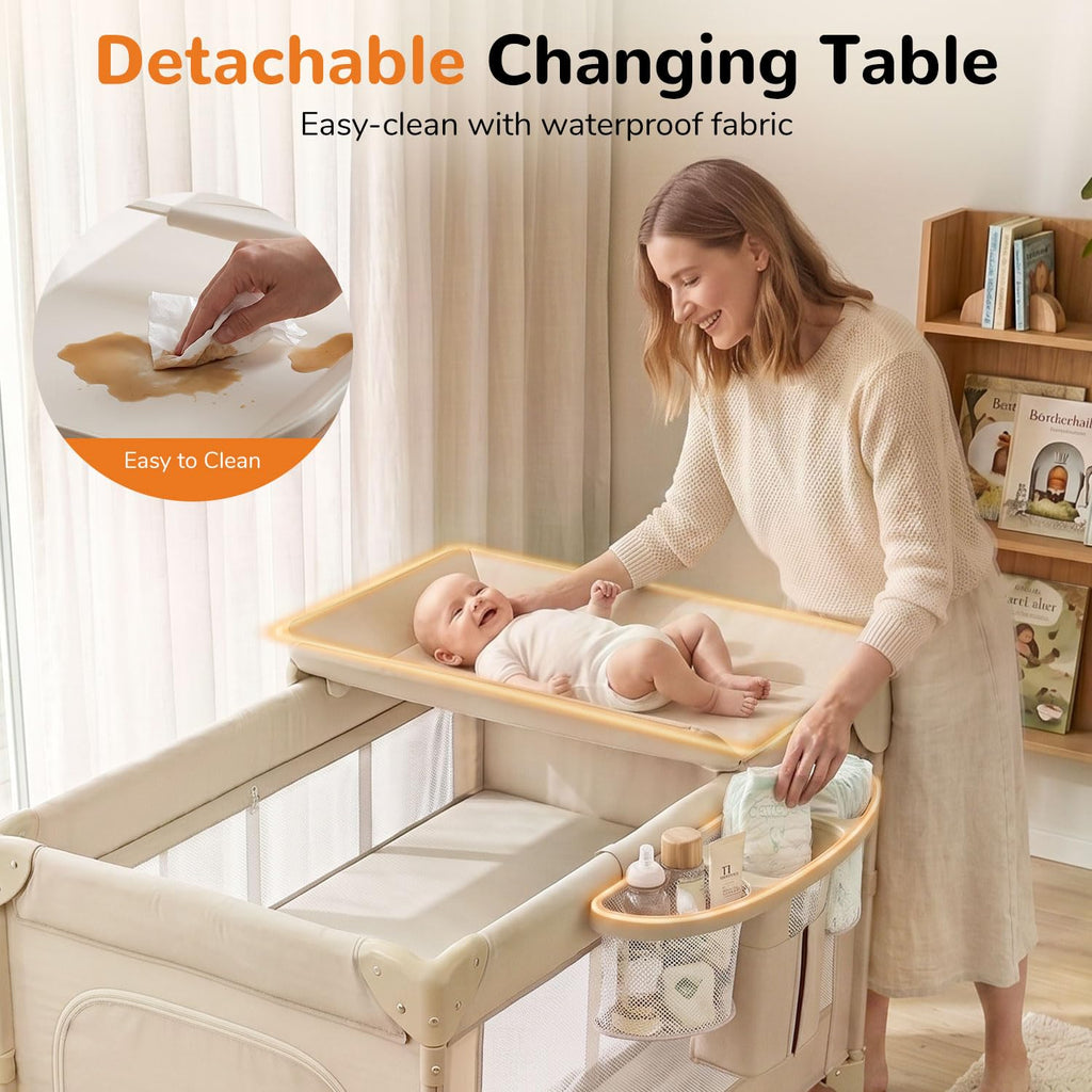 4 in 1 Foldable Pack and Play with Bassinet and Changing Table, Beige Q43493