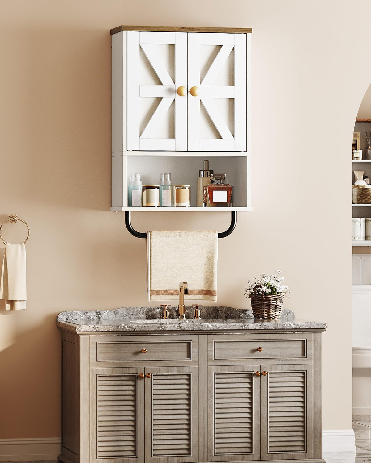 White and Walnut Bathroom Wall Cabinet with Towel Bar J797357