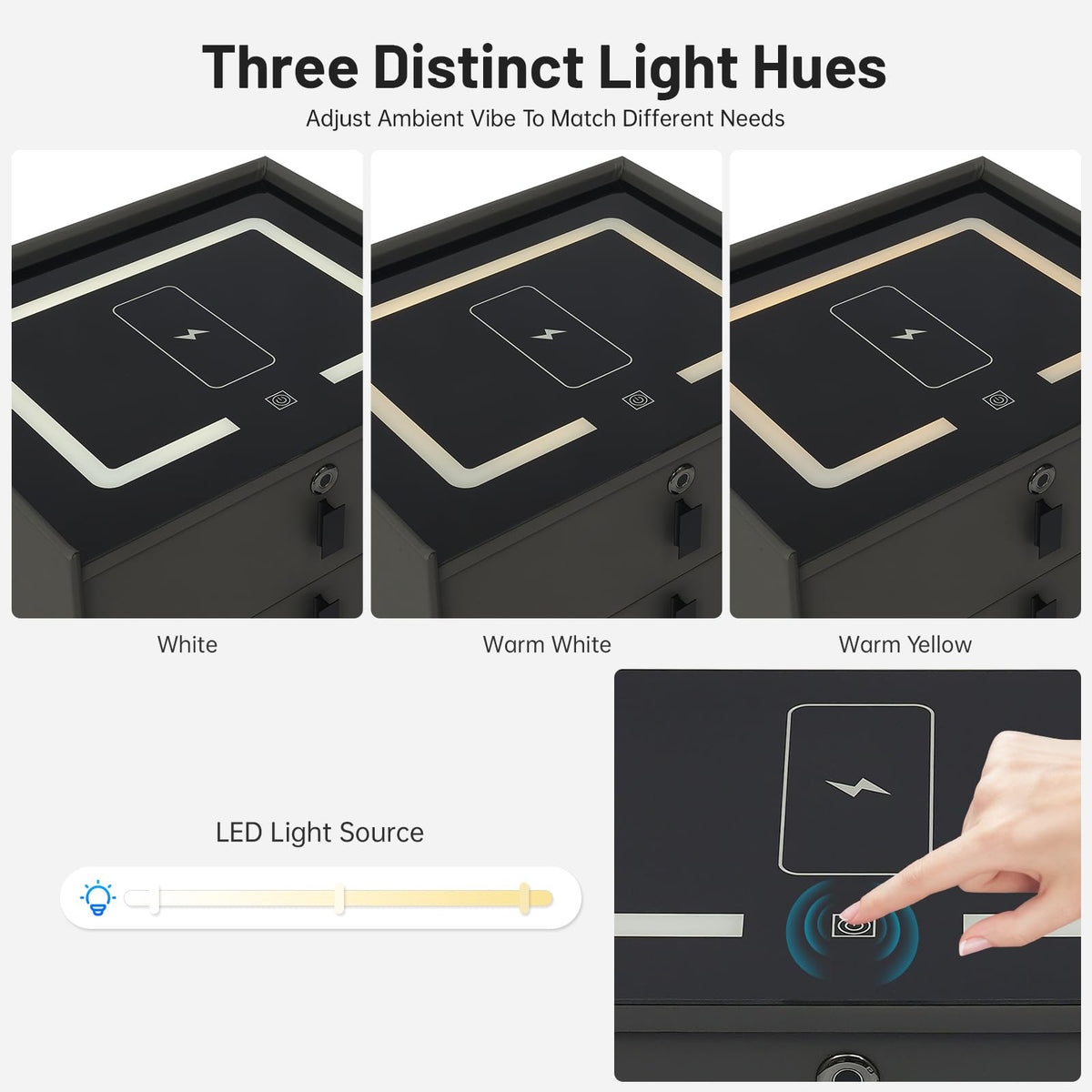 Fingerprint Lock Nightstand with USB & Wireless Charging and 3 Drawers J47079
