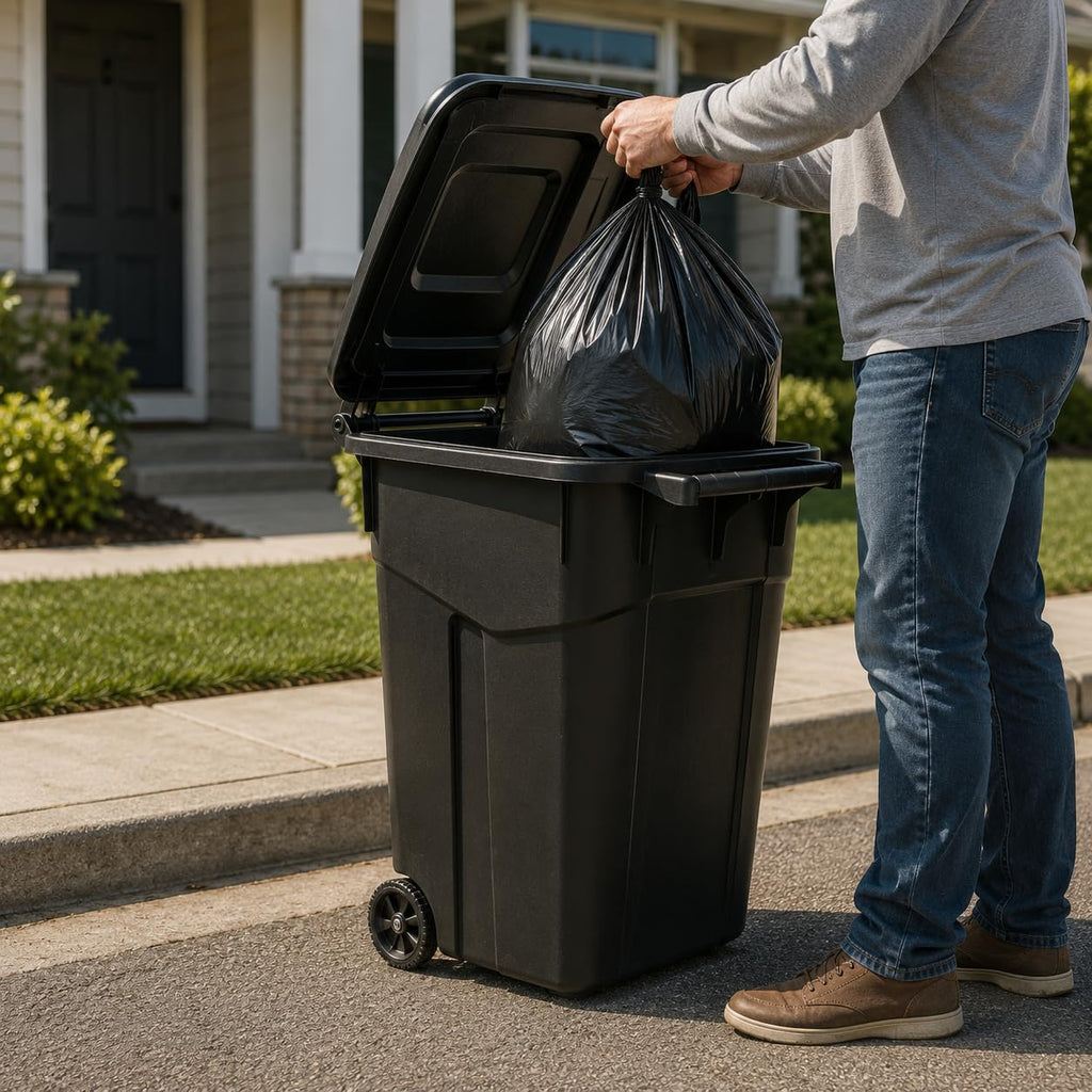 45 Gallon Black Outdoor Trash Can with Wheels and Attached Lid C8254