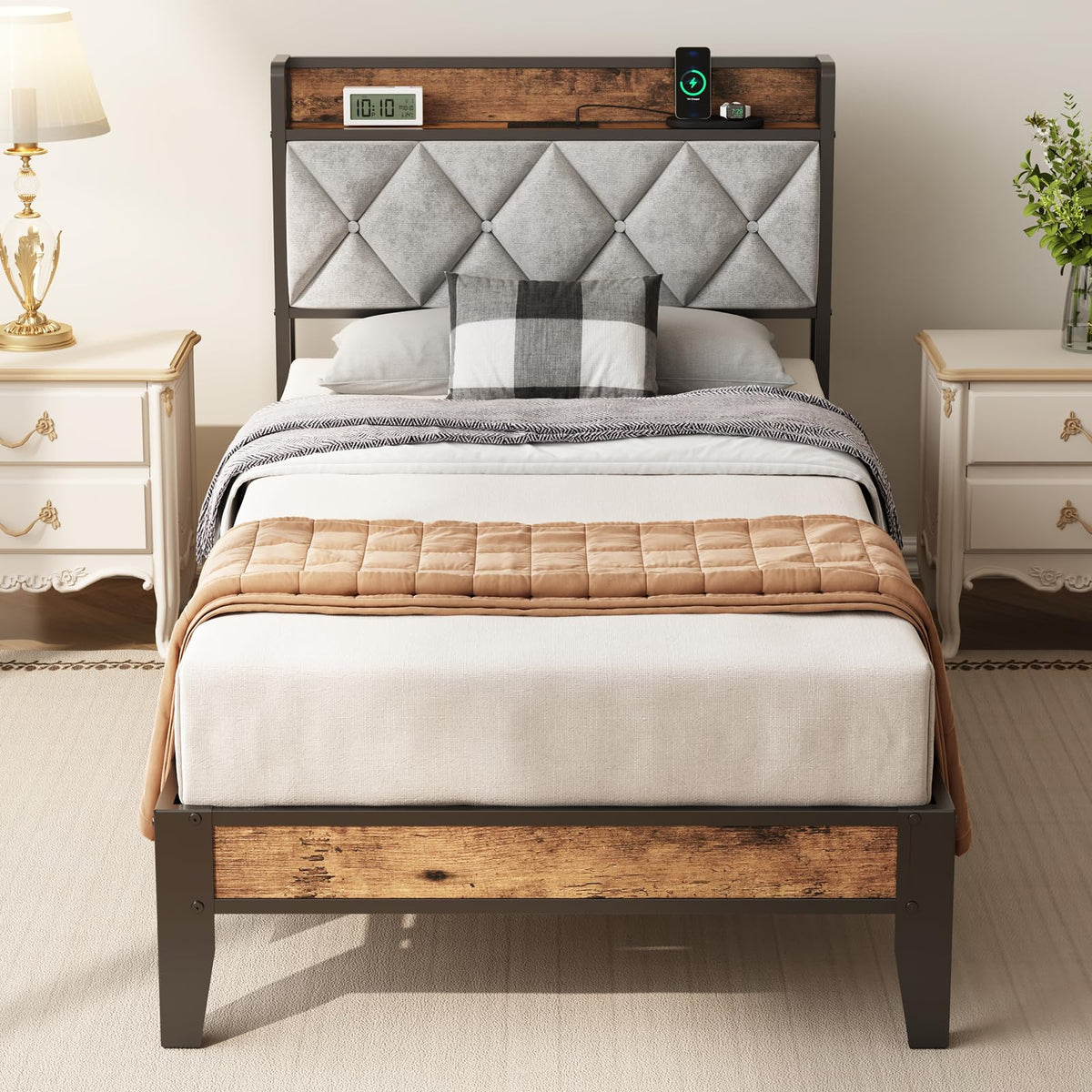 Twin Bed Frame with Upholstered Storage Headboard and USB Charging Station S7607