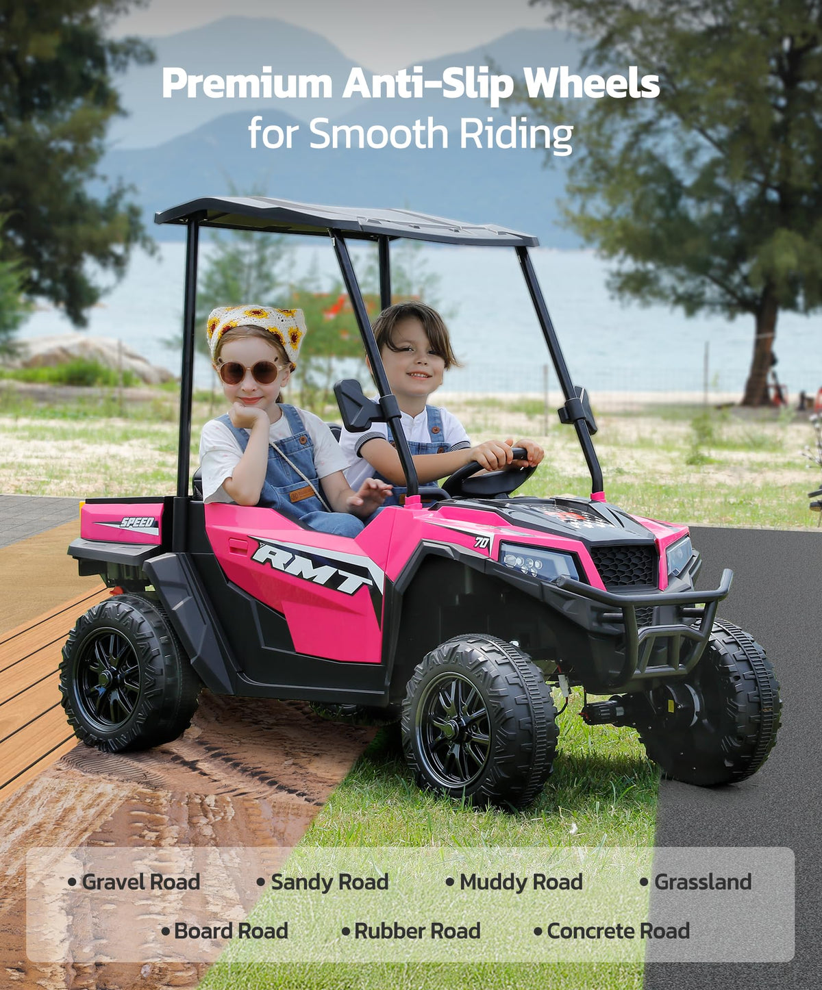 24V 2 Seater Ride on Car with Sun Shade Dump Bed Shovel Hot Pink X2957
