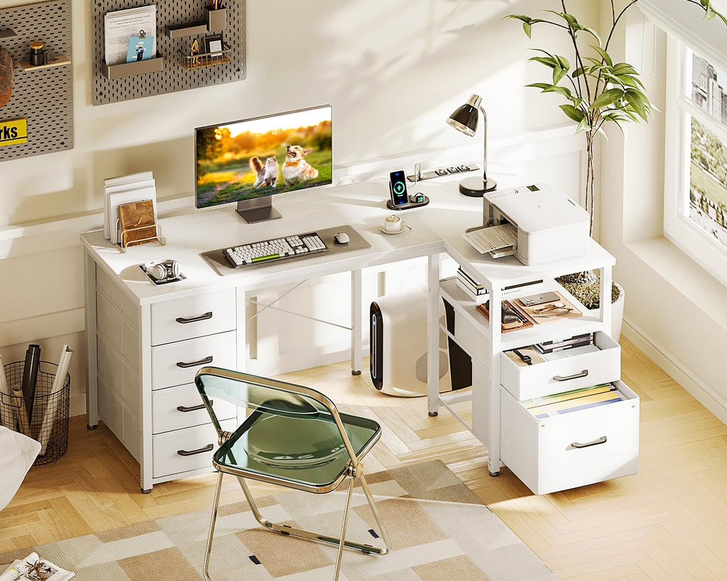 55 Inch L Shaped Office Desk with 6 Drawers White Y81167