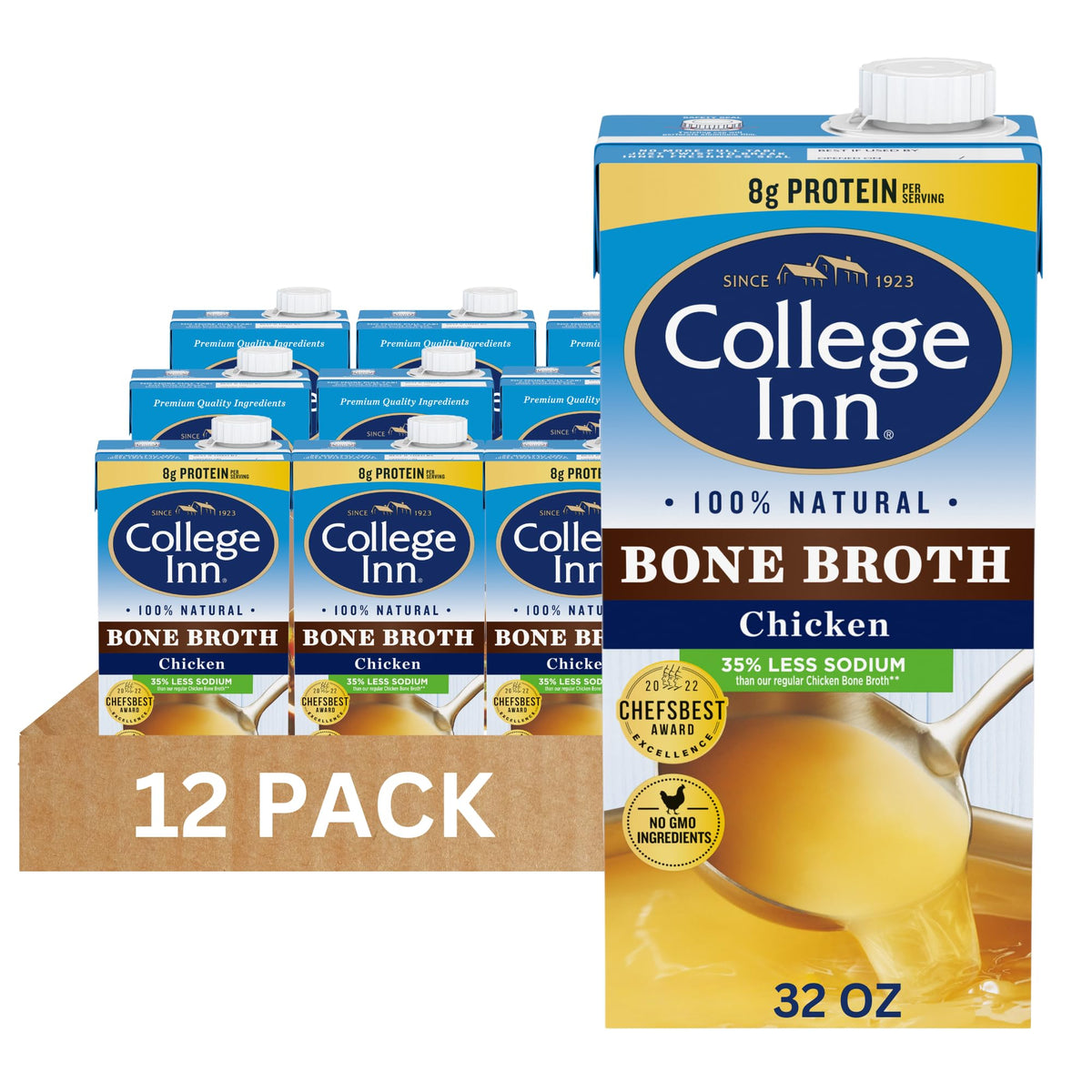 100% Natural Reduced Sodium Chicken Bone Broth 32 Oz (Pack of 12) I99137
