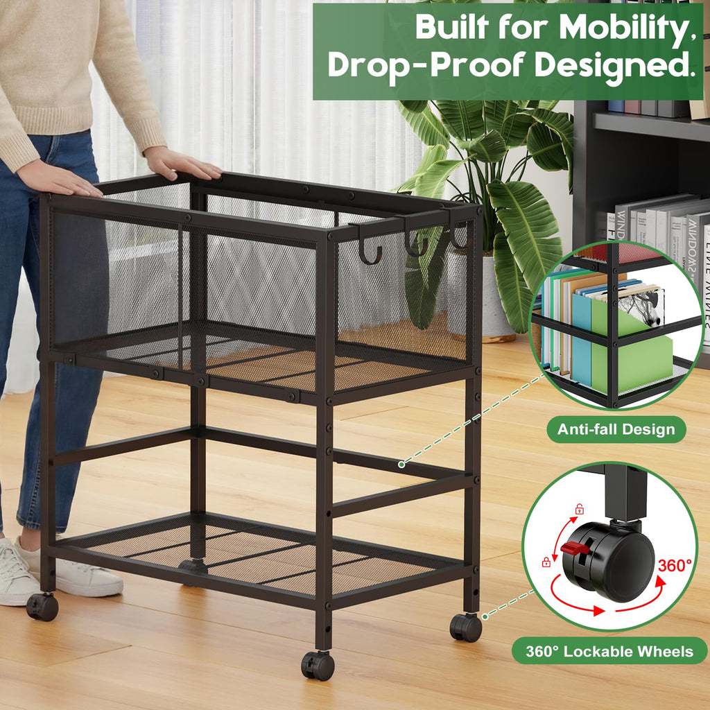 Black 2-Tier Rolling Metal File Cart with Storage Shelf G55528
