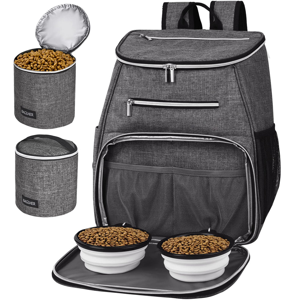 Dog Travel Bag Backpack with 2 Silicone Collapsible Bowls and 2 Food Baskets Grey S526