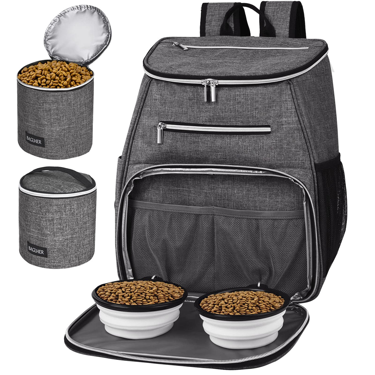 Dog Travel Bag Backpack with 2 Silicone Collapsible Bowls and 2 Food Baskets Grey S526